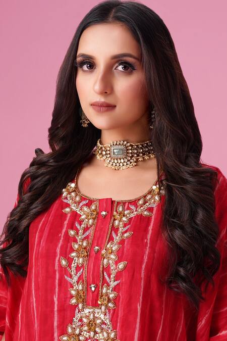 Amani_Red Muslin, Silk Embroidery Round Stripe Pattern Fusion Kaftan And Patiala Set _at_Aza_Fashions
