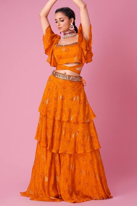 Shop Amani Yellow Crepe, Silk Sequins, Beads Square Neck Ruffle Sleeve Blouse And Skirt Set Online at Aza Fashions Shop_Amani_Yellow Crepe, Silk Sequins, Beads Square Neck Ruffle Sleeve Blouse And Skirt Set_Online_at_Aza_Fashions