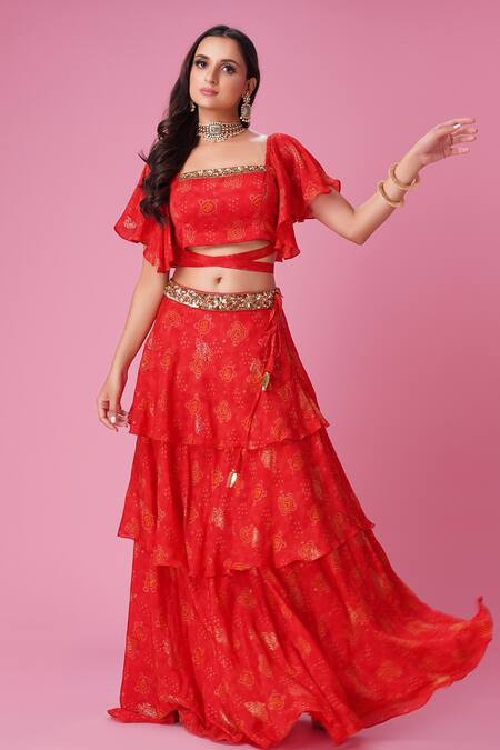 Amani_Orange Crepe, Silk Sequins Square Neck Ruffle Sleeve Blouse And Skirt Set_Online_at_Aza_Fashions