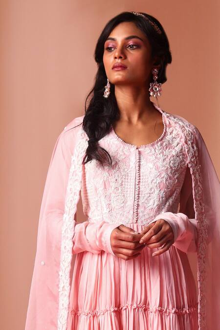 Soha By Harleen And Sona_Pink Muslin, Silk, Organza Embroidery, Embellished Yoke Anarkali With Dupatta _Online_at_Aza_Fashions
