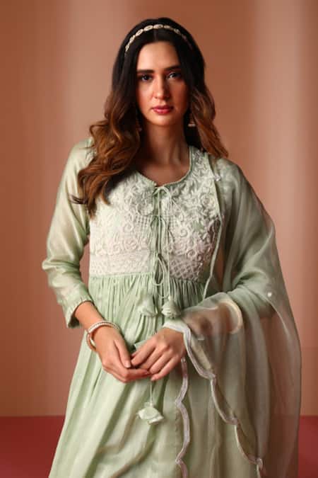 Soha By Harleen And Sona_Green Chanderi Silk, Organza, Cotton Embellished Yoke Anarkali Pant Set _Online_at_Aza_Fashions