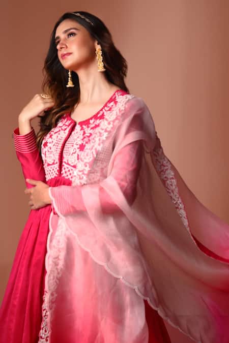 Soha By Harleen And Sona_Magenta Chanderi Silk, Organza, Cotton Crystals, Floral Yoke Anarkali Pant Set _Online_at_Aza_Fashions
