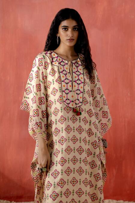 Shop Amisha Kothari Beige Cotton, Silk Tassels, Embroidery Round Neck Ambika Printed Kaftan Online at Aza Fashions Shop_Amisha Kothari_Beige Cotton, Silk Tassels, Embroidery Round Neck Ambika Printed Kaftan _Online_at_Aza_Fashions