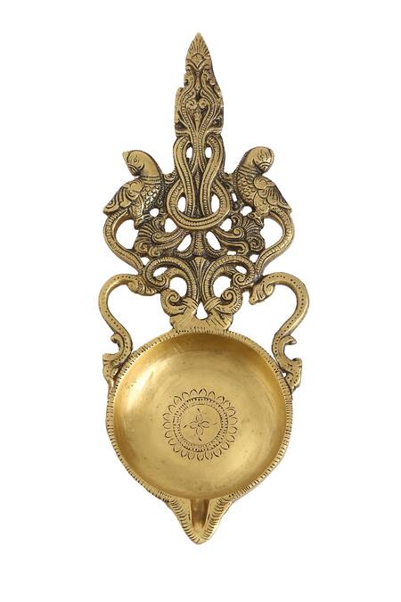 Shop_Amoliconcepts_Gold Brass Diya With Jaali Carved Handle_Online_at_Aza_Fashions