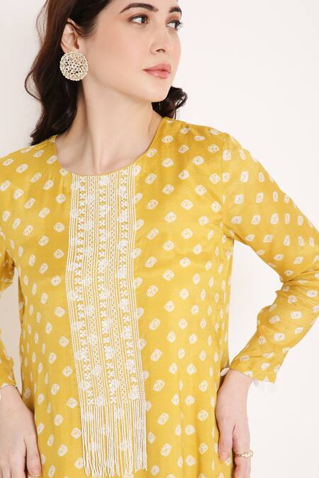Buy Bha Sha Yellow Muslin, Net, Satin Sequins, Beads Boat Amirah Bandhani Print Kurta Set Online at Aza Fashions Buy_Bha Sha_Yellow Muslin, Net, Satin Sequins, Beads Boat Amirah Bandhani Print Kurta Set _Online_at_Aza_Fashions