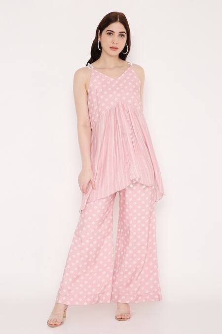 Bha Sha Pink Muslin, Linen Embroidery, Amisha Printed Short Anarkali And Flared Pant Set Online at Aza Fashions Bha Sha_Pink Muslin, Linen Embroidery, Amisha Printed Short Anarkali And Flared Pant Set _Online_at_Aza_Fashions