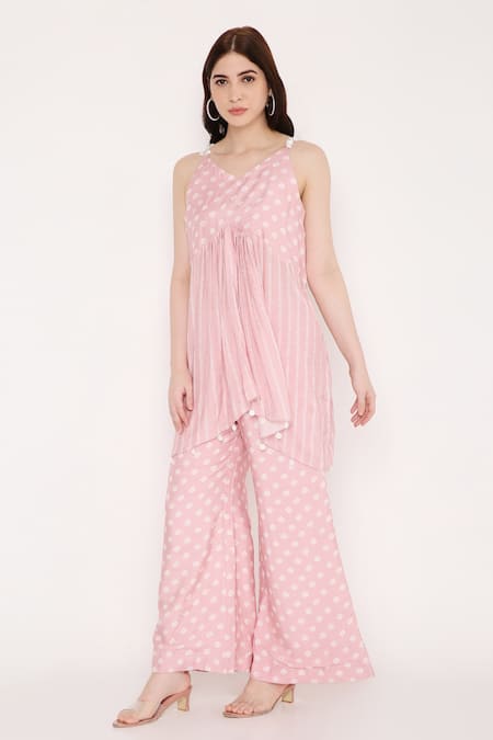 Buy Bha Sha Pink Muslin, Linen Embroidery, Amisha Printed Short Anarkali And Flared Pant Set Online at Aza Fashions Buy_Bha Sha_Pink Muslin, Linen Embroidery, Amisha Printed Short Anarkali And Flared Pant Set _Online_at_Aza_Fashions