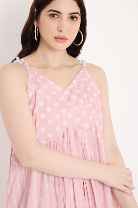 Shop Bha Sha Pink Muslin, Linen Embroidery, Amisha Printed Short Anarkali And Flared Pant Set Online at Aza Fashions Shop_Bha Sha_Pink Muslin, Linen Embroidery, Amisha Printed Short Anarkali And Flared Pant Set _Online_at_Aza_Fashions