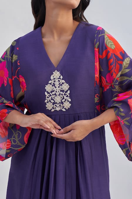 Buy_Archana Shah_Purple Silk Embroidery Pomegranate V Neck Conte Kimono Tunic _Online_at_Aza_Fashions