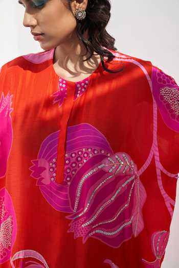 Shop Archana Shah Red Silk Pomegranate Round Saga Oversized Pomo Pattern Kurta And Pant Set Online at Aza Fashions Shop_Archana Shah_Red Silk Pomegranate Round Saga Oversized Pomo Pattern Kurta And Pant Set _Online_at_Aza_Fashions