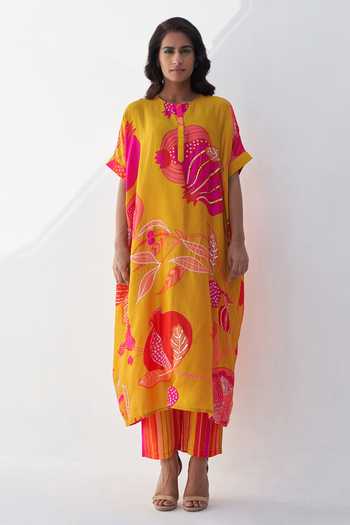 Archana Shah Yellow Silk Pomegranate Round Saga Oversized Kurta And Pant Set Online at Aza Fashions Archana Shah_Yellow Silk Pomegranate Round Saga Oversized Kurta And Pant Set _Online_at_Aza_Fashions