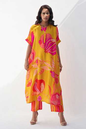 Buy Archana Shah Yellow Silk Pomegranate Round Saga Oversized Kurta And Pant Set Online at Aza Fashions Buy_Archana Shah_Yellow Silk Pomegranate Round Saga Oversized Kurta And Pant Set _Online_at_Aza_Fashions
