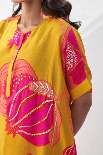 Shop Archana Shah Yellow Silk Pomegranate Round Saga Oversized Kurta And Pant Set Online at Aza Fashions Shop_Archana Shah_Yellow Silk Pomegranate Round Saga Oversized Kurta And Pant Set _Online_at_Aza_Fashions
