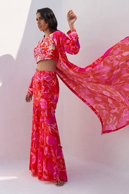 Archana Shah Red Silk Embroidered Zari Work V Neck Hilong Pomo Pattern Jacket And Sharara Set Online at Aza Fashions Archana Shah_Red Silk Embroidered Zari Work V Neck Hilong Pomo Pattern Jacket And Sharara Set _Online_at_Aza_Fashions