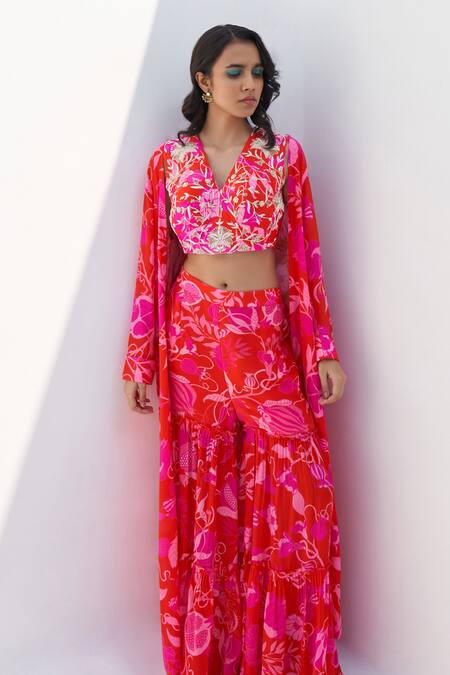 Buy Archana Shah Red Silk Embroidered Zari Work V Neck Hilong Pomo Pattern Jacket And Sharara Set Online at Aza Fashions Buy_Archana Shah_Red Silk Embroidered Zari Work V Neck Hilong Pomo Pattern Jacket And Sharara Set _Online_at_Aza_Fashions