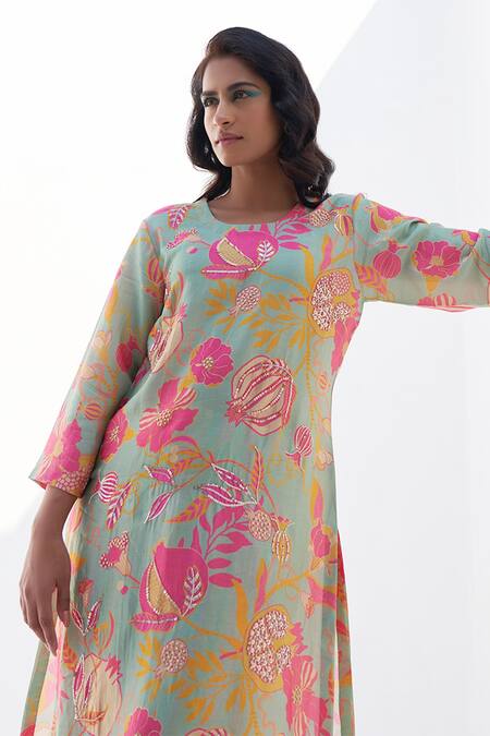 Buy_Archana Shah_Green Silk Pomegranate Round Virtue Pomo Pattern Kurta And Pant Set _Online_at_Aza_Fashions
