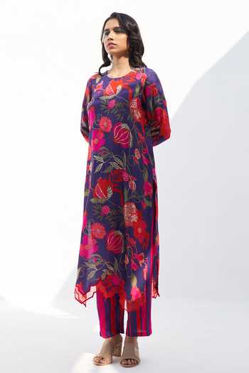 Archana Shah Purple Silk Embroidery Pomegranate Round Vitue Straight Kurta And Pant Set at Aza Fashions Archana Shah_Purple Silk Embroidery Pomegranate Round Vitue Straight Kurta And Pant Set _at_Aza_Fashions