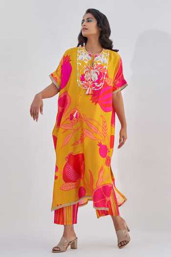 Buy Archana Shah Yellow Silk Embroidery Pomegranate And Zardozi Round Tailsman Kurta & Pant Set Online at Aza Fashions Buy_Archana Shah_Yellow Silk Embroidery Pomegranate And Zardozi Round Tailsman Kurta & Pant Set _Online_at_Aza_Fashions