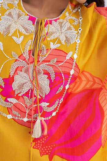 Archana Shah Yellow Silk Embroidery Pomegranate And Zardozi Round Tailsman Kurta & Pant Set at Aza Fashions Archana Shah_Yellow Silk Embroidery Pomegranate And Zardozi Round Tailsman Kurta & Pant Set _at_Aza_Fashions