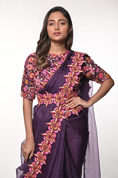 Buy_Soumodeep Dutta_Purple Silk Organza Embroidered Gujrati Sindhi Hand Border Saree With Blouse_Online_at_Aza_Fashions