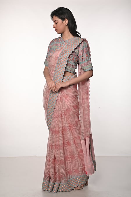 Soumodeep Dutta_Pink Silk Organza Embroidered Geometric Print Saree With Mirrorwork Blouse_Online_at_Aza_Fashions