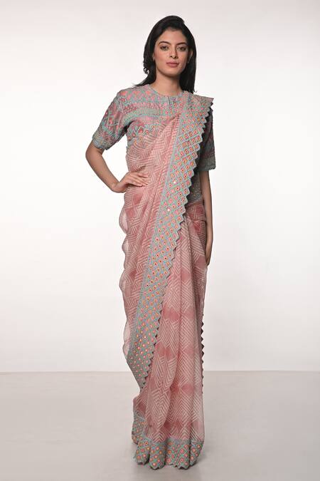 Buy_Soumodeep Dutta_Pink Silk Organza Embroidered Geometric Print Saree With Mirrorwork Blouse_Online_at_Aza_Fashions