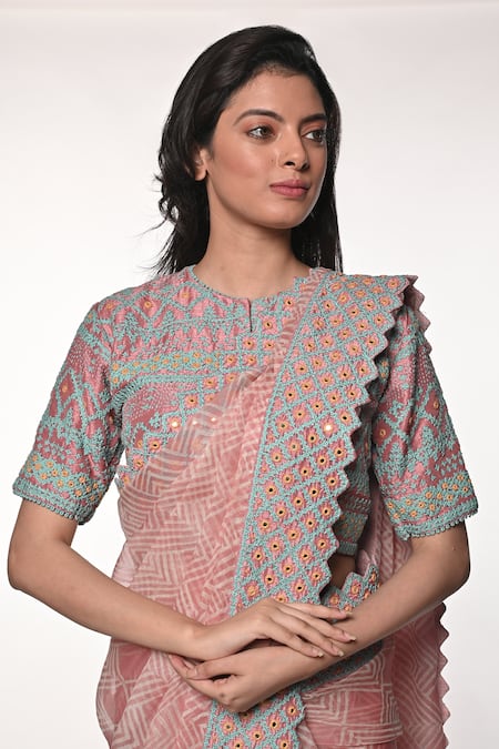 Shop_Soumodeep Dutta_Pink Silk Organza Embroidered Geometric Print Saree With Mirrorwork Blouse_Online_at_Aza_Fashions