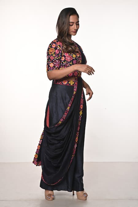 Soumodeep Dutta_Blue Dupion Embroidered Mirrorwork Round Hand Border Pant Saree With Blouse_Online_at_Aza_Fashions