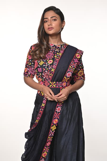 Buy_Soumodeep Dutta_Blue Dupion Embroidered Mirrorwork Round Hand Border Pant Saree With Blouse_Online_at_Aza_Fashions