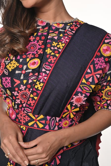 Shop_Soumodeep Dutta_Blue Dupion Embroidered Mirrorwork Round Hand Border Pant Saree With Blouse_Online_at_Aza_Fashions