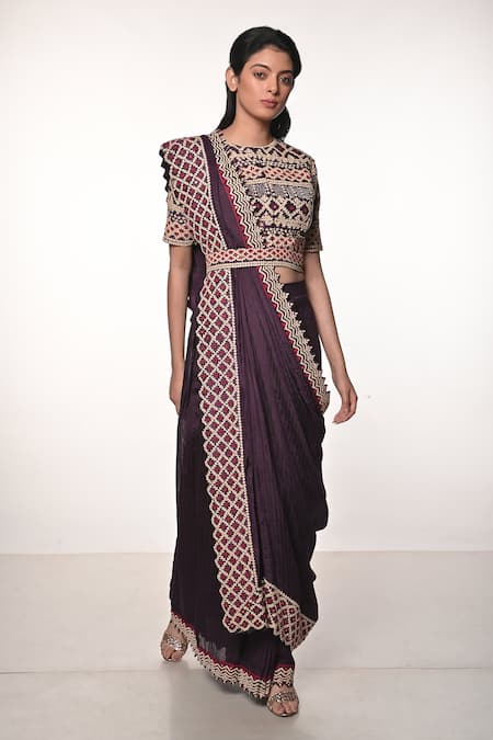 Soumodeep Dutta_Purple Silk, Handloom Cotton Embellished Border Pre-draped Saree With Blouse _at_Aza_Fashions
