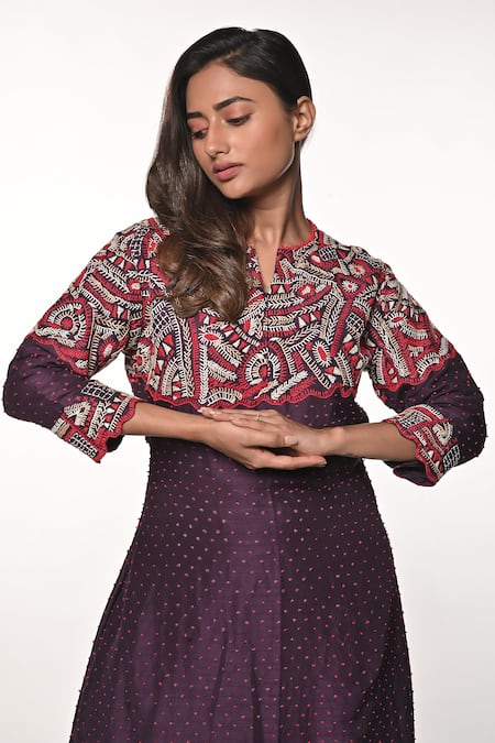 Shop_Soumodeep Dutta_Purple Chanderi Embroidered Floral Stich Notched Hand Kurta With Pant_Online_at_Aza_Fashions