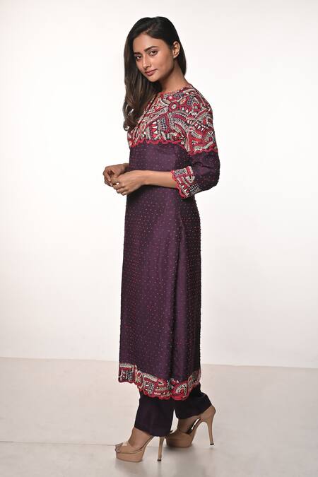 Soumodeep Dutta_Purple Chanderi Embroidered Floral Stich Notched Hand Kurta With Pant_at_Aza_Fashions