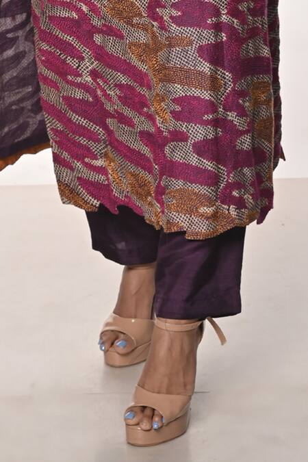 Soumodeep Dutta Purple Chanderi Embroidered Kantha Notched Kurta With Pant Online at Aza Fashions Soumodeep Dutta_Purple Chanderi Embroidered Kantha Notched Kurta With Pant_Online_at_Aza_Fashions