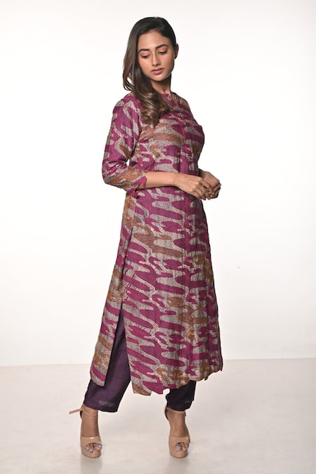 Buy_Soumodeep Dutta_Purple Chanderi Embroidered Kantha Notched Kurta With Pant_Online_at_Aza_Fashions