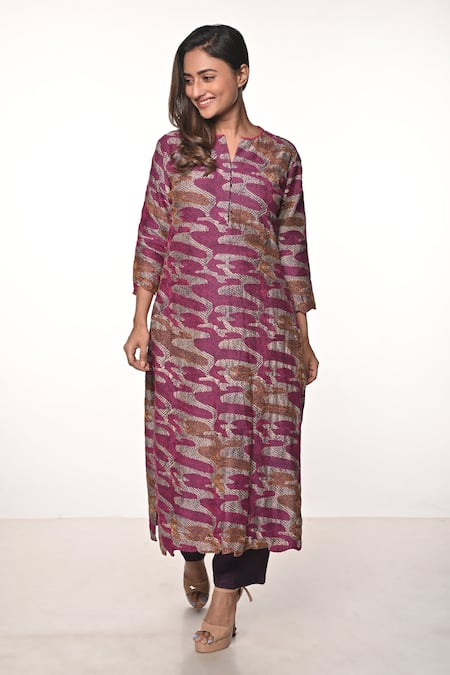 Shop_Soumodeep Dutta_Purple Chanderi Embroidered Kantha Notched Kurta With Pant_Online_at_Aza_Fashions