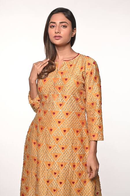 Shop_Soumodeep Dutta_Yellow Chanderi And Embroidery Triangle Notched Kurta & Pant Set_Online_at_Aza_Fashions