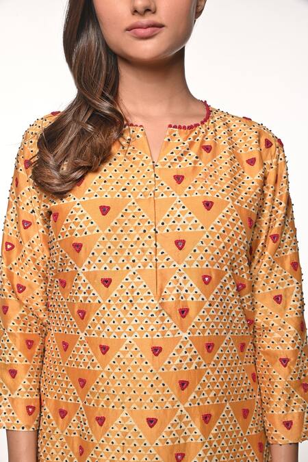 Soumodeep Dutta_Yellow Chanderi And Embroidery Triangle Notched Kurta & Pant Set_at_Aza_Fashions