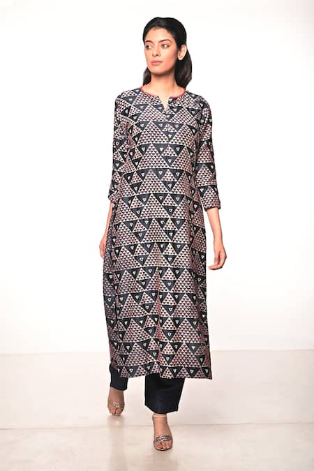 Shop_Soumodeep Dutta_Blue Chanderi And Embroidery Triangle Notched Kurta & Pant Set_Online_at_Aza_Fashions