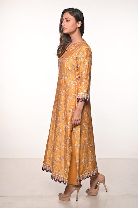 Shop_Soumodeep Dutta_Yellow Chanderi Embroidery Kantha And Mirror Notched Kurta & Pant Set_Online_at_Aza_Fashions