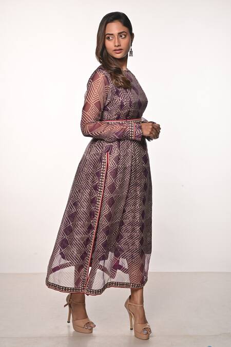 Buy_Soumodeep Dutta_Purple Silk Organza Embroidery Round Neck Block Print Sheer Midi Dress _Online_at_Aza_Fashions