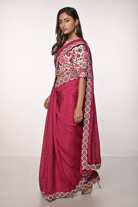 Soumodeep Dutta_Fuchsia Silk Embroidery Round Neck Handloom Border Saree With Blouse_Online_at_Aza_Fashions