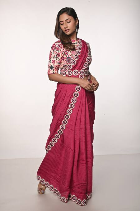 Buy_Soumodeep Dutta_Fuchsia Silk Embroidery Round Neck Handloom Border Saree With Blouse_Online_at_Aza_Fashions