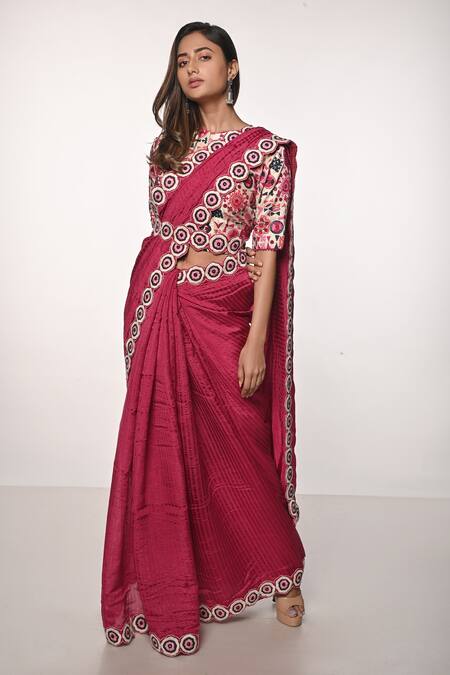Soumodeep Dutta_Fuchsia Silk Embroidery Round Neck Handloom Border Saree With Blouse_at_Aza_Fashions