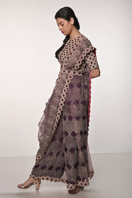 Soumodeep Dutta_Purple Silk Organza Embroidery, Cut Work Round Neck Hand Blouse Sharara Set _Online_at_Aza_Fashions