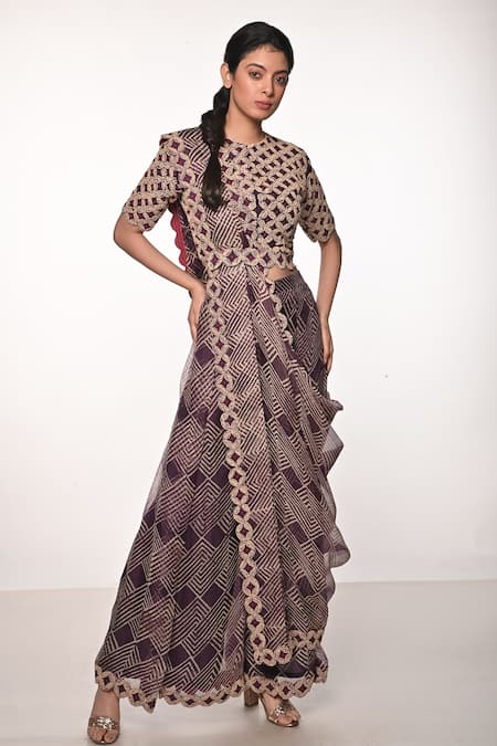 Buy_Soumodeep Dutta_Purple Silk Organza Embroidery, Cut Work Round Neck Hand Blouse Sharara Set _Online_at_Aza_Fashions