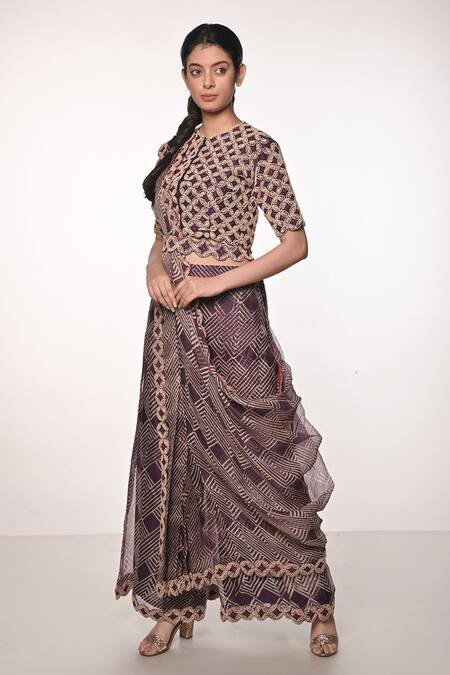Shop_Soumodeep Dutta_Purple Silk Organza Embroidery, Cut Work Round Neck Hand Blouse Sharara Set _Online_at_Aza_Fashions