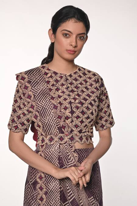 Soumodeep Dutta_Purple Silk Organza Embroidery, Cut Work Round Neck Hand Blouse Sharara Set _at_Aza_Fashions