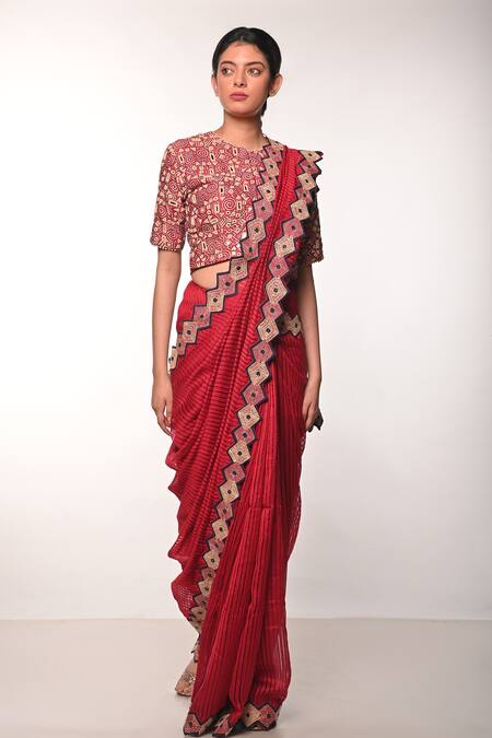 Soumodeep Dutta_Red Handloom Cotton, Silk Mirrors, Embroidery Woven Stripe Saree With Blouse_Online_at_Aza_Fashions