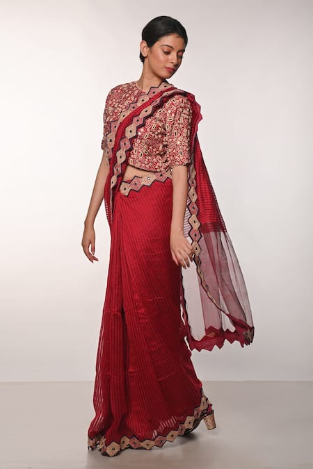 Buy_Soumodeep Dutta_Red Handloom Cotton, Silk Mirrors, Embroidery Woven Stripe Saree With Blouse_Online_at_Aza_Fashions
